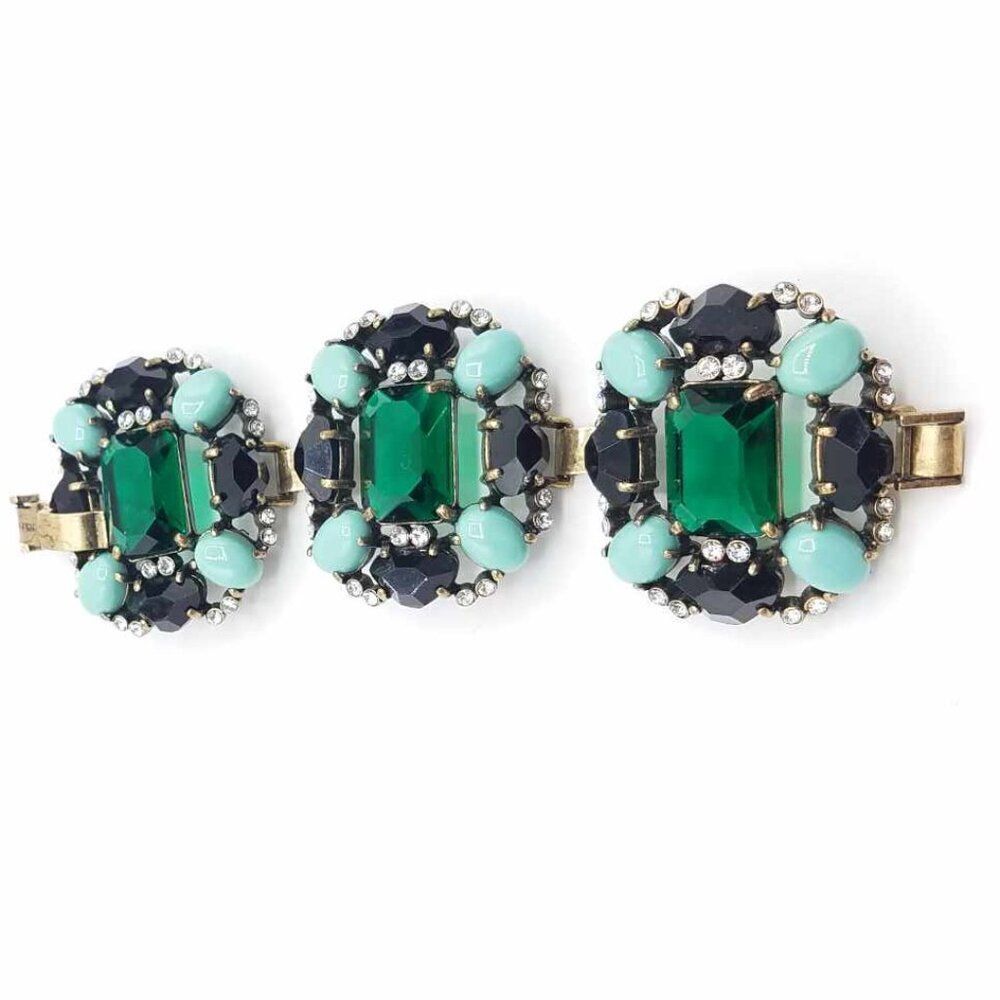 J Crew Chunky Emerald Crystal w Black and Turquoise Stones Statement Bracelet